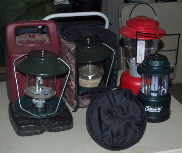 camping lanterns, both gas and battery powered