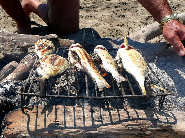 Cooking fish over campfire